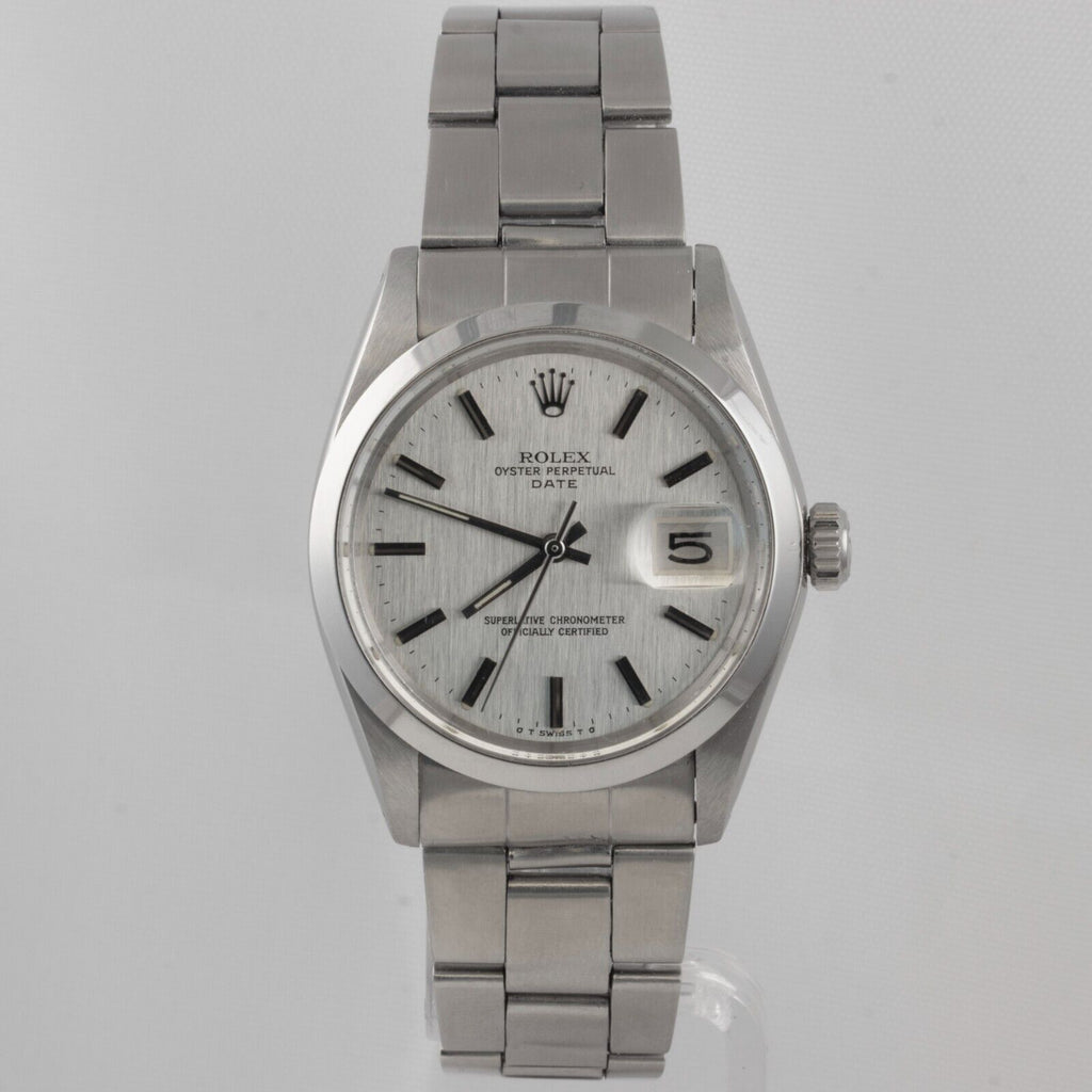 Vintage Rolex Perpetual Date 1500 Stainless Silver Linen Sigma Dial 34mm Watch