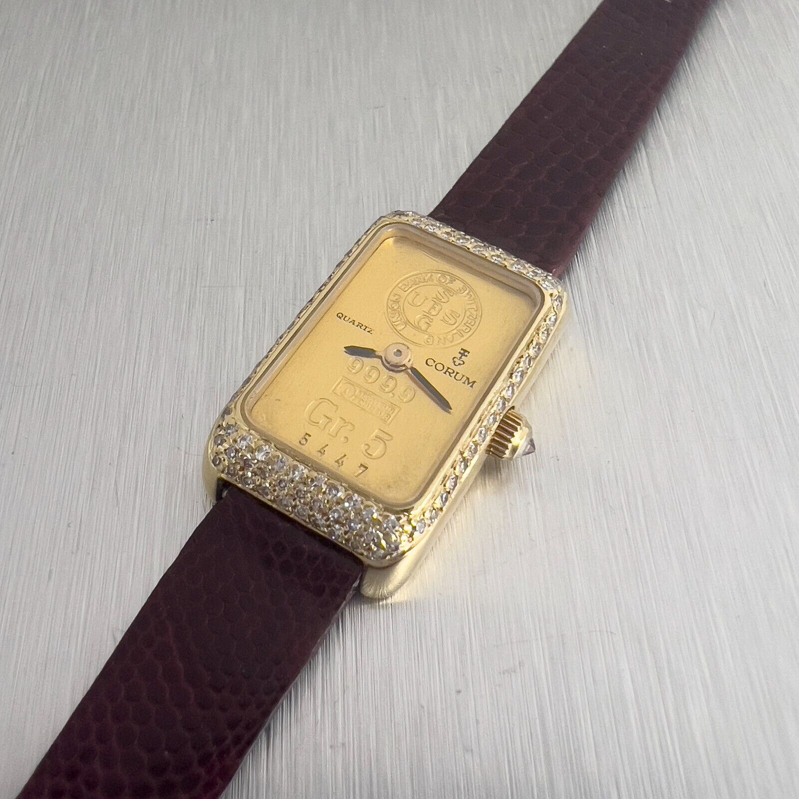 Corum 5 Gram Ingot 24k & 18k Yellow Gold Diamond Case Leather Strap Ladies Watch