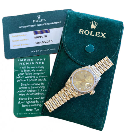 2018 RSC Ladies Rolex DateJust President DIAMOND 26mm Champagne 18K Gold 69178