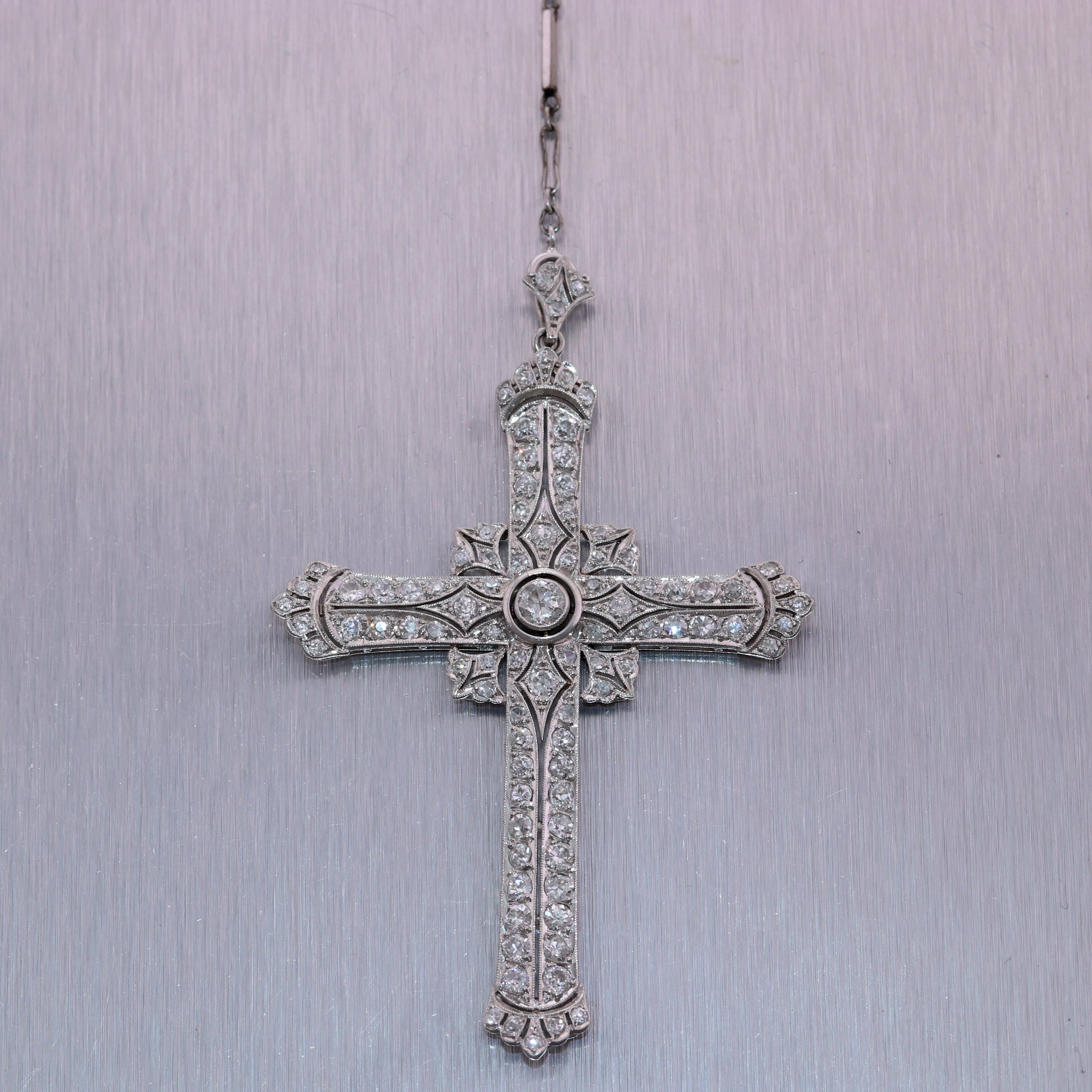 1920's Antique Art Deco Platinum 4ctw Diamond Cross Pendant 38" Necklace