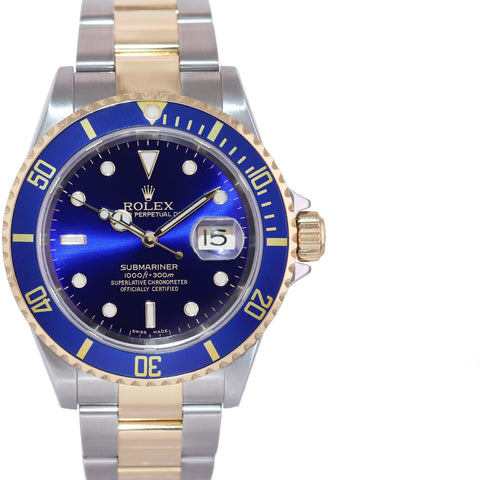MINT 2004 Rolex Submariner 16613 Gold Steel Two Tone Gold Buckle Sunburst Blue Watch