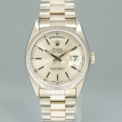 MINT Rolex President Day Date Silver Stick 18039 Quick Set White Gold Watch Box