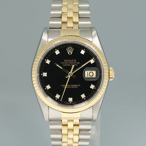 Rolex DateJust 16233 Two Tone Yellow Gold Jubilee Black Diamond Watch Box