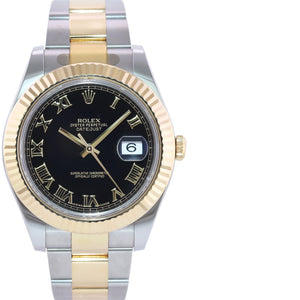 MINT 2015 Rolex Datejust 2 Black Roman 116333 Two-Tone Yellow Gold Oyster Watch Box