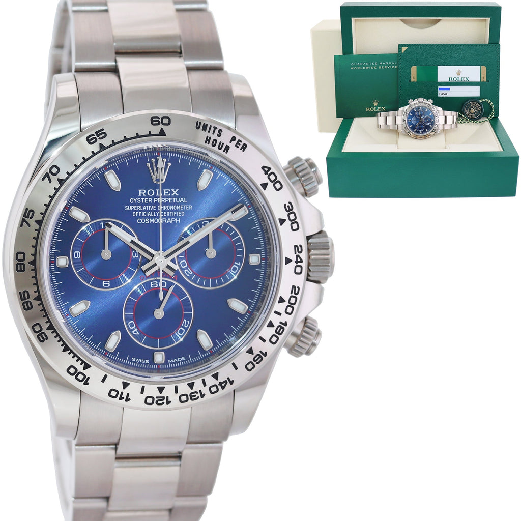 2018 MINT PAPERS Rolex Daytona Blue Dial Chrono 116509 18k White Gold Watch Box