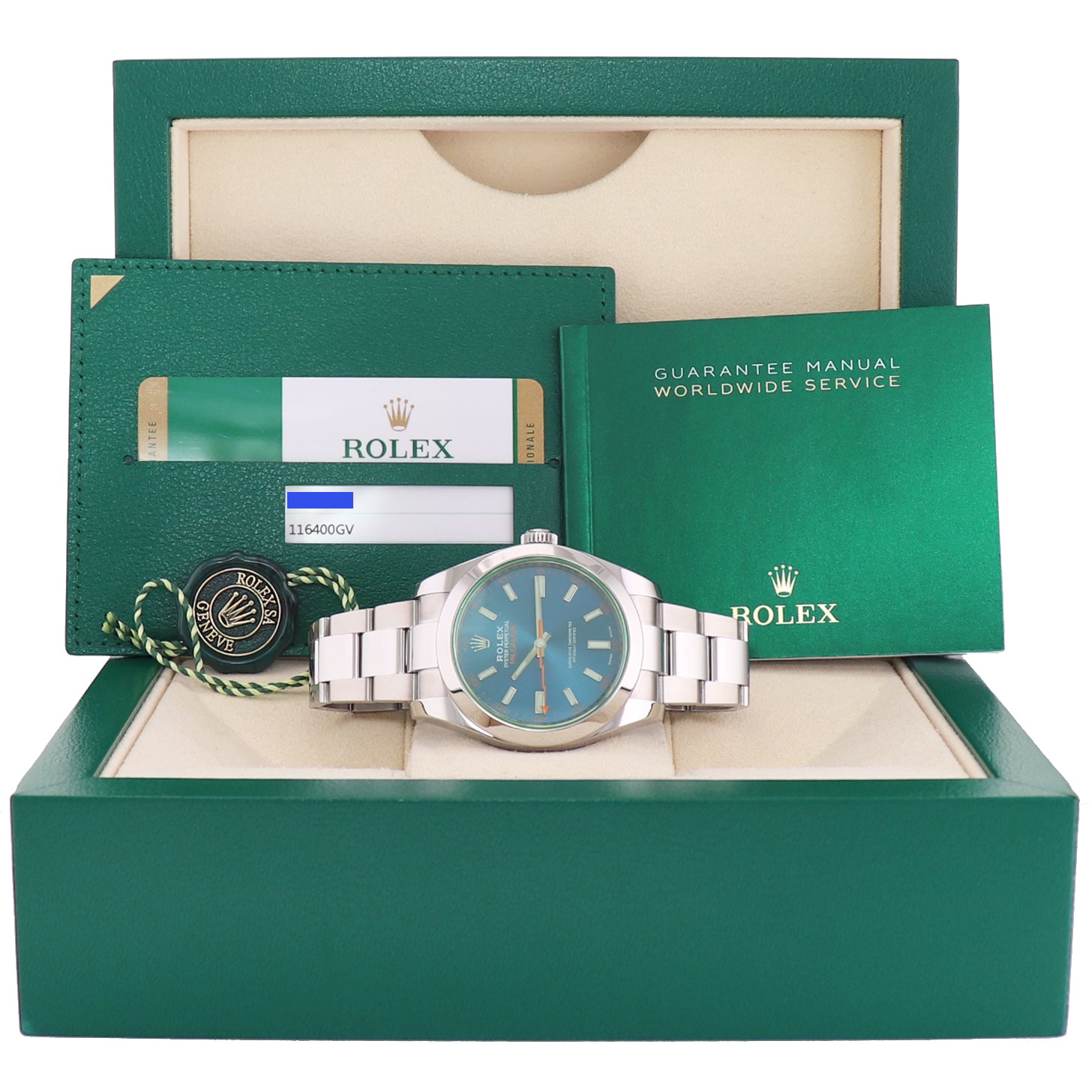 2018 MINT PAPERS Rolex Milgauss Blue Dial Anniversary Green 116400GV Steel Watch Box