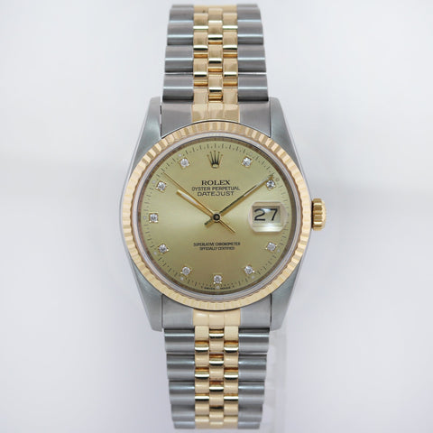 MINT Rolex DateJust 16233 Two Tone Yellow Gold Jubilee Champagne Diamond Watch
