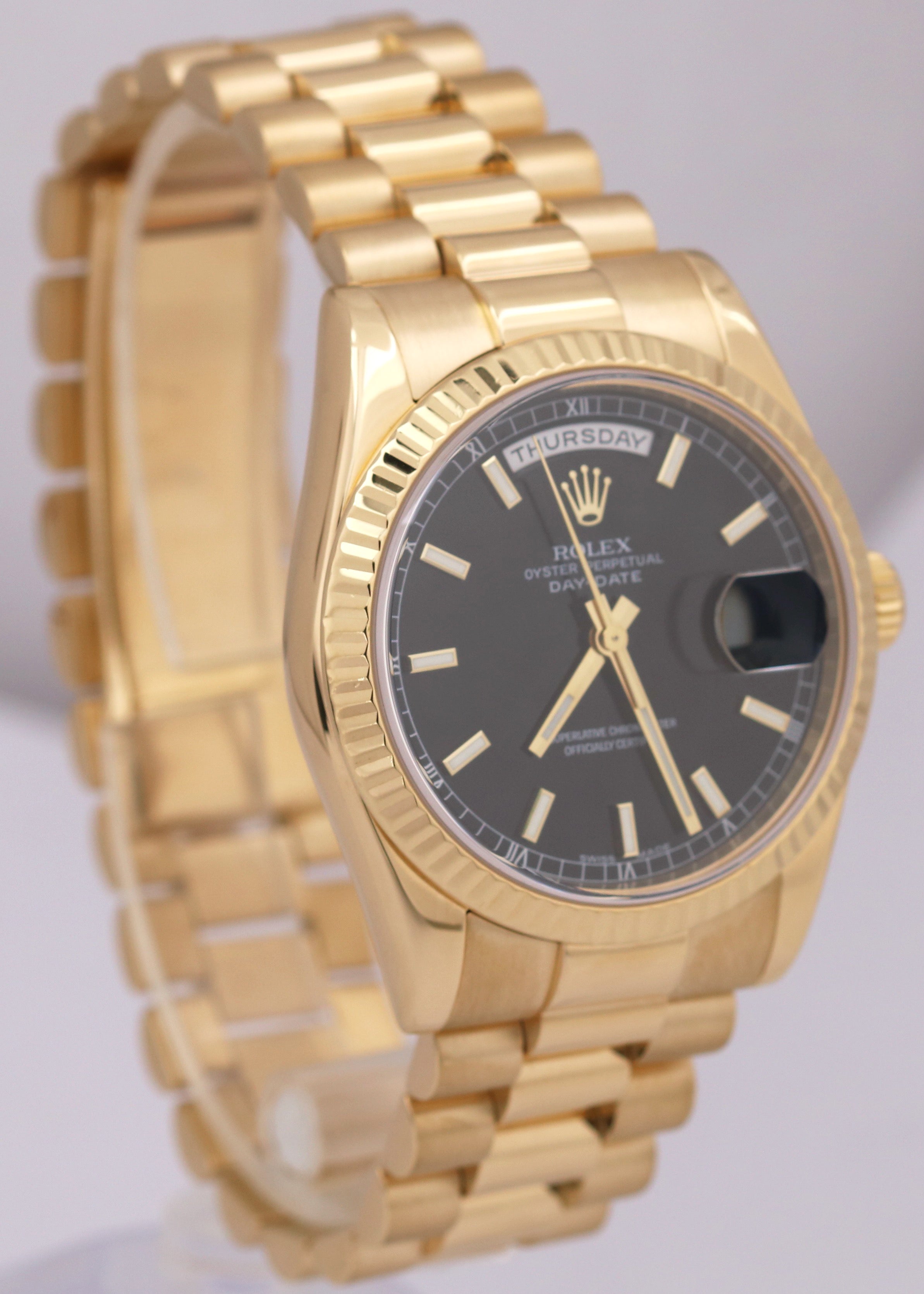Rolex Day-Date President BLACK 18K Yellow Gold NEW CLASP 36mm Watch 118238 BOX