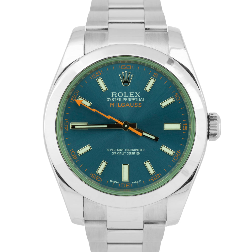 MINT PAPERS Rolex Milgauss Z-Blue Green Crystal 40mm 116400 GV Steel Watch BOX