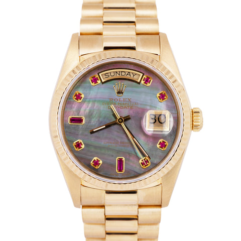 Rolex Day-Date President 36mm MOP RUBY 18K Yellow Gold Fluted Watch 18038