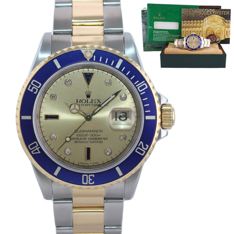 MINT Rolex Submariner 16613 Two Tone Gold Champagne Serti Diamond Watch Box