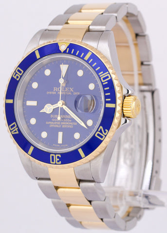 Rolex Submariner Date 40mm Blue Two-Tone GOLD BUCKLE 18K Steel NO-HOLES 16613