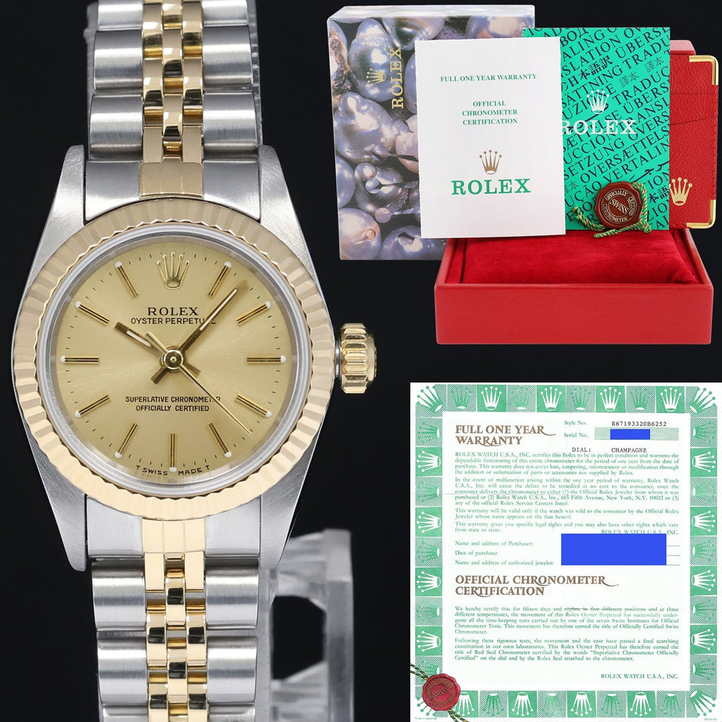 PAPERS Ladies Rolex 67193 Jubilee Oyster Perpetual 24mm Two Tone Gold Champagne Dial Watch Box