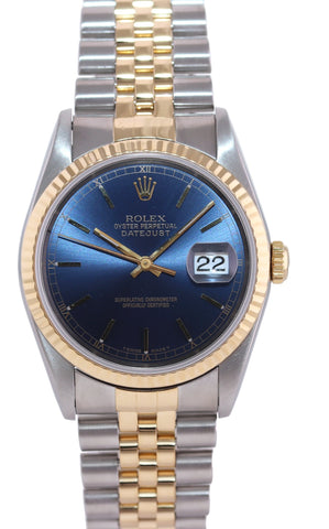 MINT Rolex DateJust 16233 Two Tone Gold Jubilee Band Blue Dial Fluted Bezel Watch