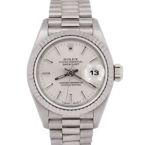 UNPOLISHED Rolex DateJust 26mm Silver President 18K White Gold Watch 69179