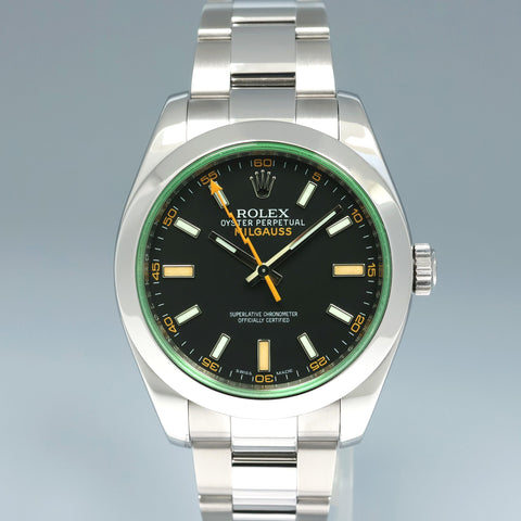 2020 MINT Rolex Milgauss Green Anniversary Orange Black 116400 GV Steel Watch Box