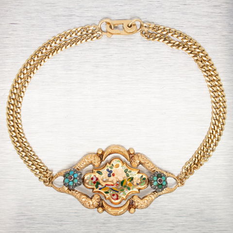 Antique Art Nouveau Floral Statement Chain Bracelet - 14k Yellow Gold - 8.75"