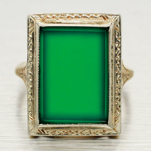 Antique Art Deco Foliage Rectangular Emerald Ring - 14k Yellow & White Gold