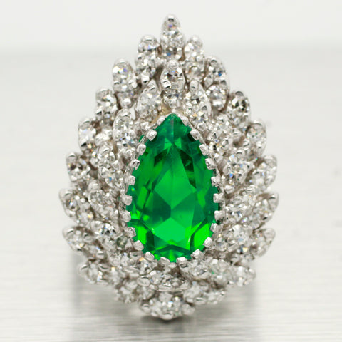 Vintage 2ct Lab-Created Emerald Pear Cut Engagement Ring - 14k White Gold