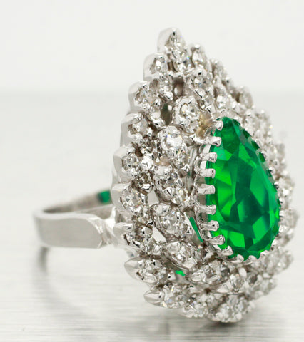 Vintage 2ct Lab-Created Emerald Pear Cut Engagement Ring - 14k White Gold