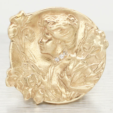 Antique Art Nouveau Emile Dropsy French Maiden Iris Cameo Ring - 14k Yellow Gold