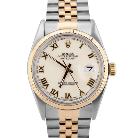Rolex DateJust 36mm Ivory Roman Fluted Two-Tone 18K Yellow Gold JUBILEE 16013