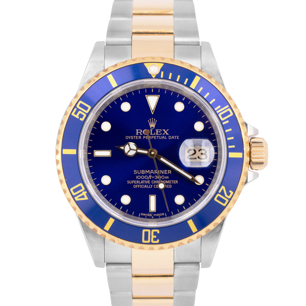 MINT PAPERS Rolex Submariner 40mm Blue SEL Gold Buckle REHAUT 16613 Watch BOX