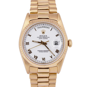 Rolex Day-Date President White Roman 18K Yellow Gold 36mm Fluted Watch 18238