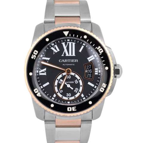 MINT Cartier Calibre Diver 18K Rose Gold Steel Black 42mm Watch 3729 W7100054
