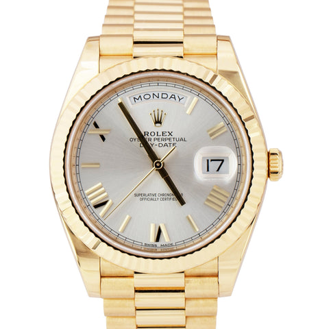 MINT PAPERS Rolex Day-Date President 40mm Silver Roman 18K Gold Watch 228238 BOX
