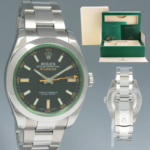 2021 MINT Rolex Milgauss Green Anniversary Orange Black 116400 GV Steel Watch Box