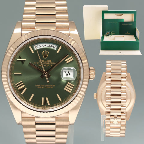 NEW 2022 Rolex President Day Date 40 Rose Arabic Green Olive Roman 228235 Watch