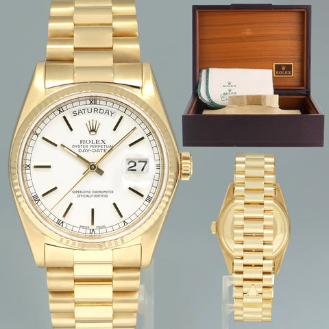 MINT Rolex 36mm President Day Date White Stick 18038 Quick Set Yellow Gold Watch
