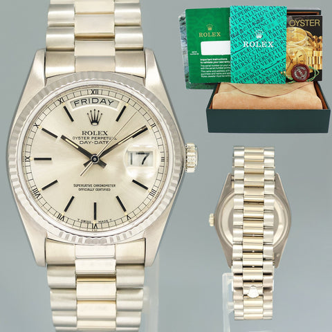 MINT Rolex President Day Date Silver Stick 18039 Quick Set White Gold Watch Box