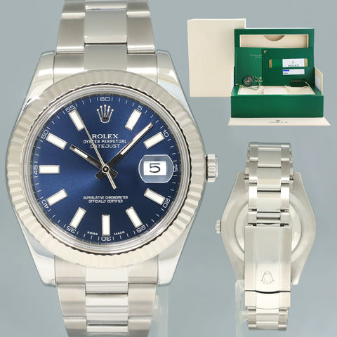 PAPERS 2015 MINT Rolex DateJust 2 Blue Stick White Gold Fluted Bezel 116334 Watch Box