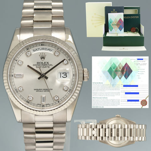 2004 MINT PAPERS Rolex President Day Date Silver Diamond 118239 White Gold Watch