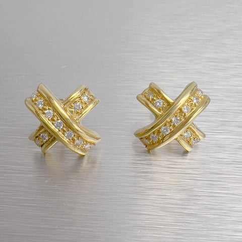 18k Yellow Gold Diamond Curved X Criss Cross Earrings 0.20ctw 5.3g VINTAGE