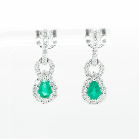 18k White Gold 1.15ctw Diamond 0.85ctw Pear Emerald Dangle Earrings 4.3g