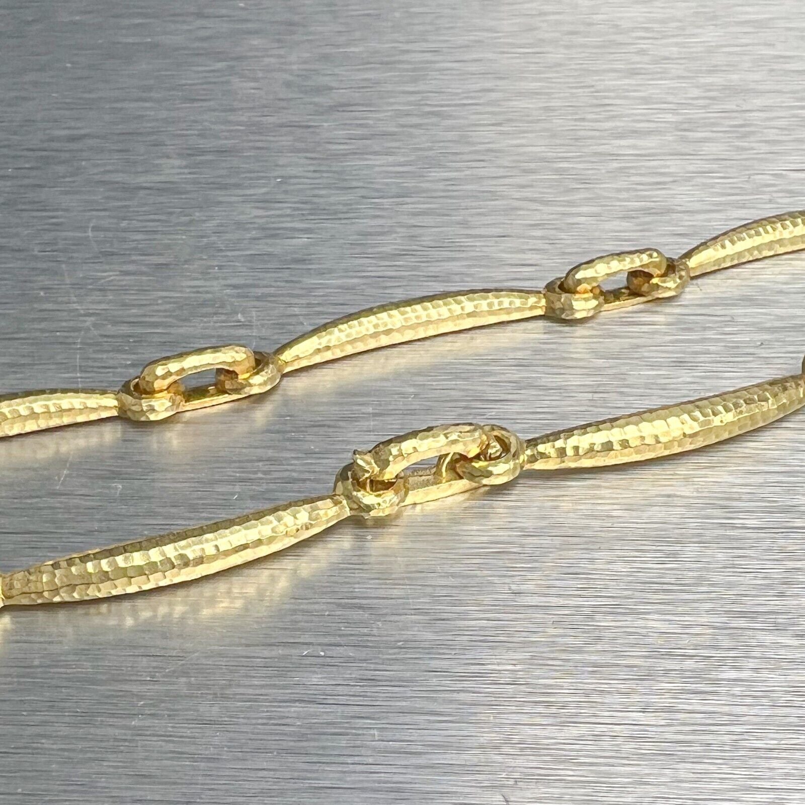 18k Yellow Gold Hammered Bar Link Choker Necklace w/ Extension Link 16" / 18"