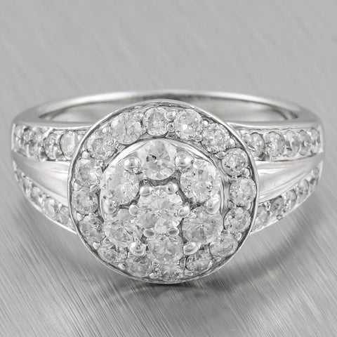 Modern Estate 14k White Gold Diamond Halo Cluster Ring 0.90ctw Size 7