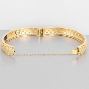 Victorian 14k Yellow Gold Fancy Weave Diamond & Tanzanite Hinged Bangle Bracelet