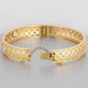 Victorian 14k Yellow Gold Fancy Weave Diamond & Tanzanite Hinged Bangle Bracelet