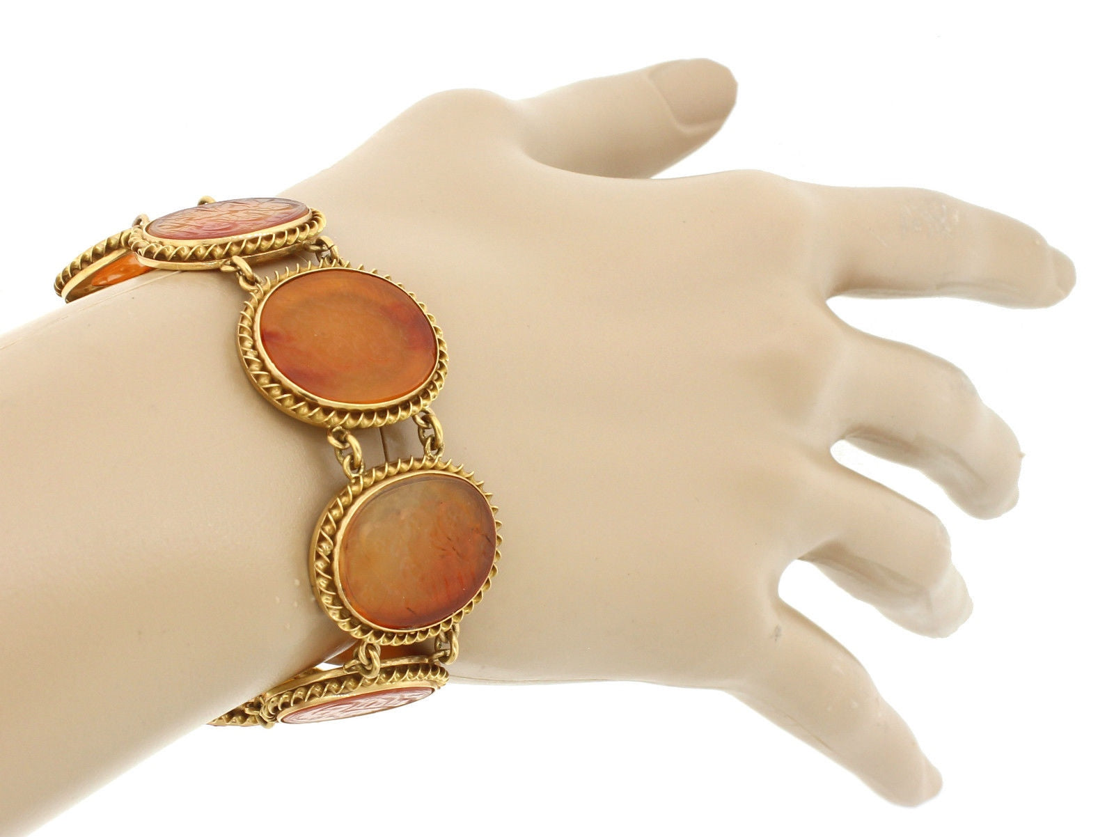 1890s Persian Antique Victorian 22k Yellow Gold Carved Orange Agate Bracelet