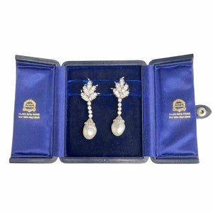 Vintage 70s Mario Buccellati Platinum Diamond Pearl Dangle Earrings 5.72ctw BOX