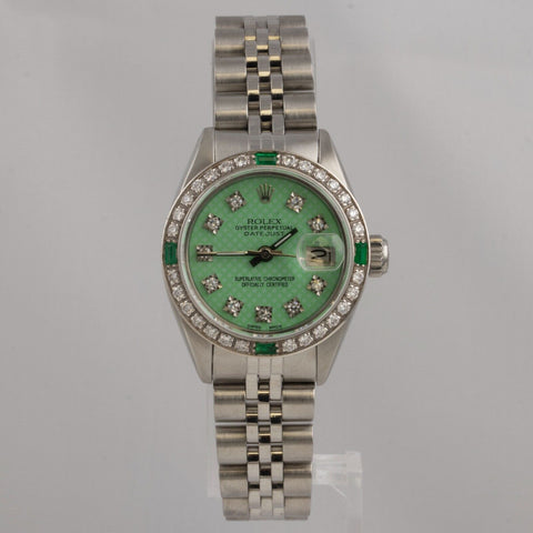 1978 Rolex Datejust 6916 Stainless Steel Green Emerald Diamond 26mm Ladies Watch