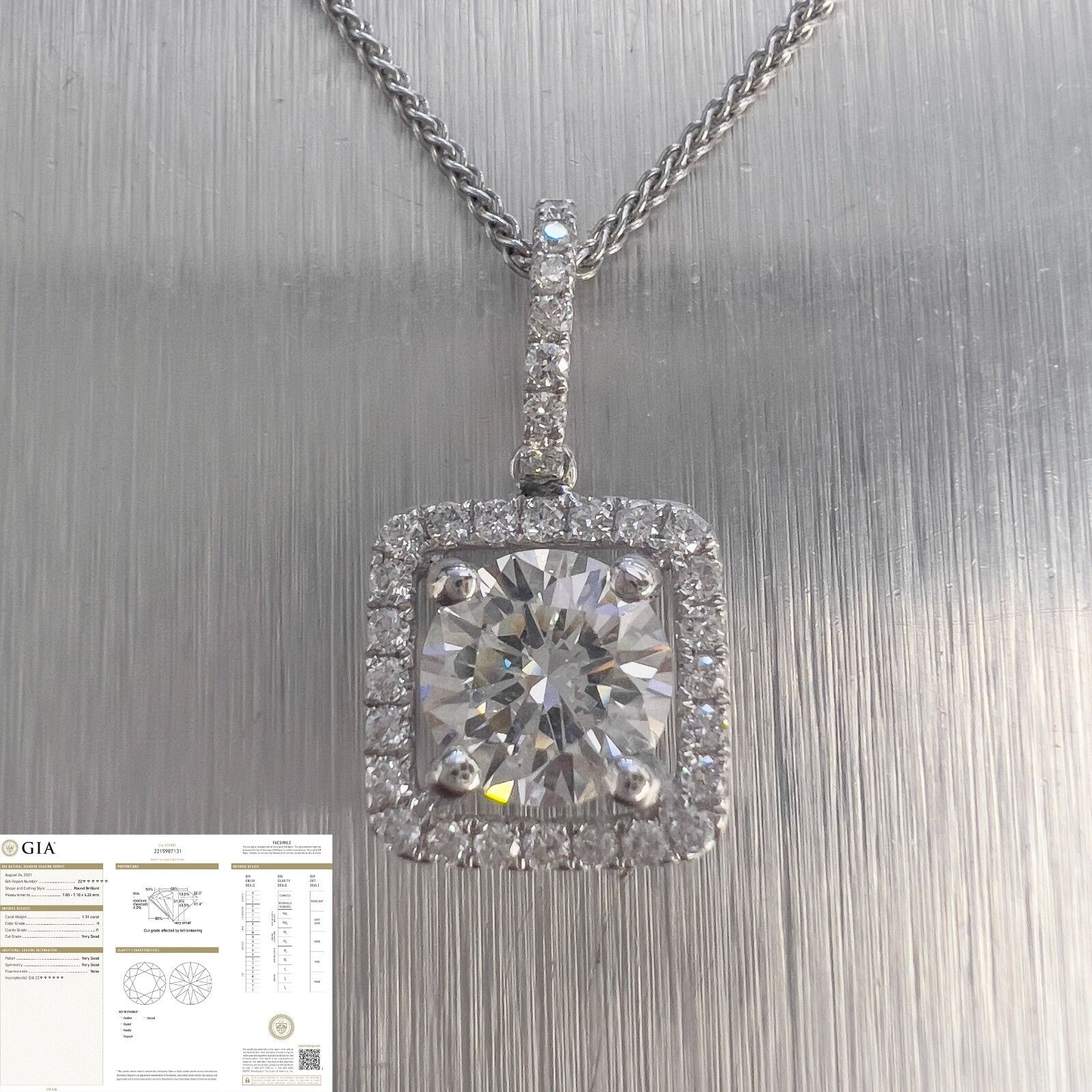 14k White Gold GIA Diamond Square Halo Cluster Pendant Necklace 1.61ctw 16"