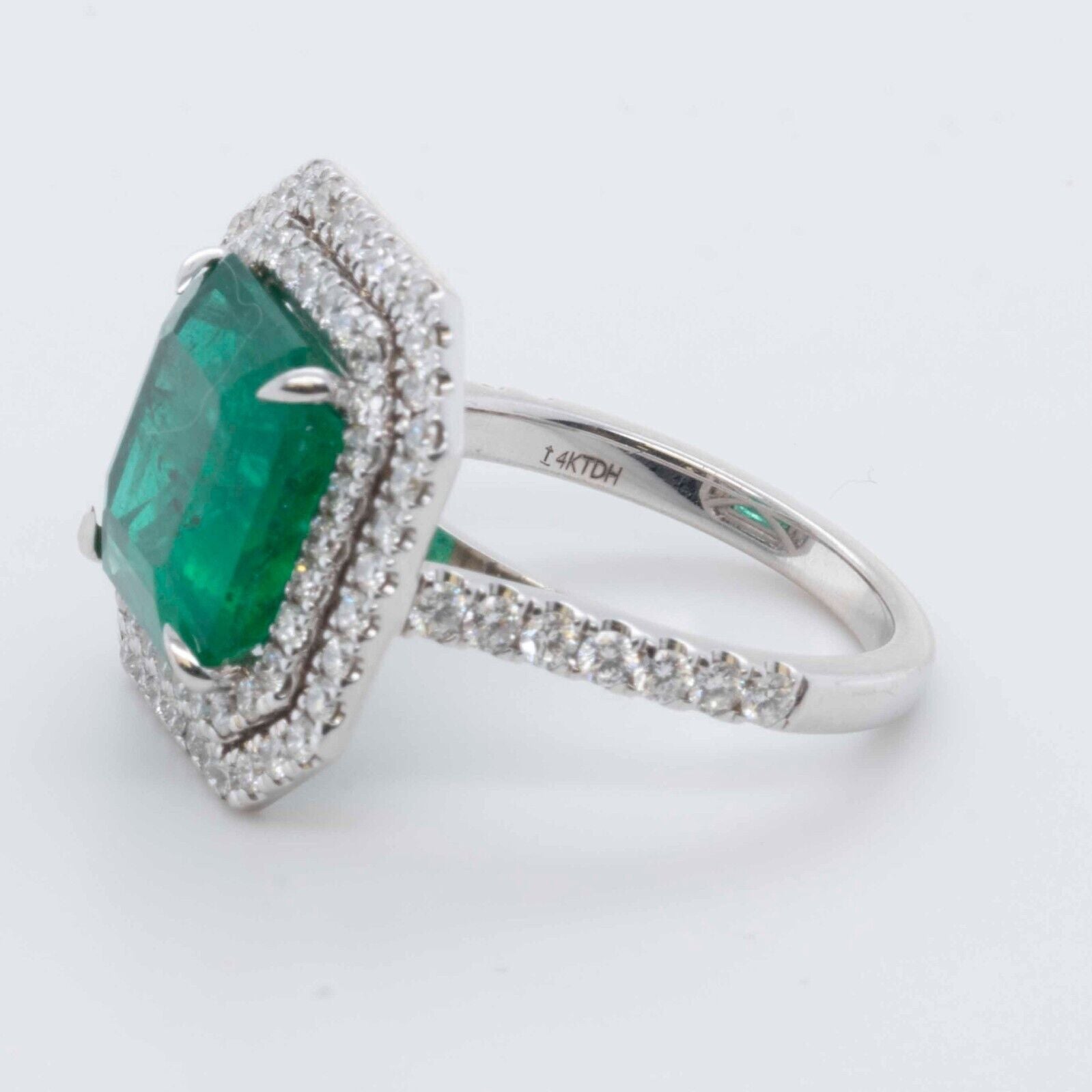 14k White Gold 5.89ct Em Cut Emerald & Diamond Double Halo Ring 0.98ctw Size 7