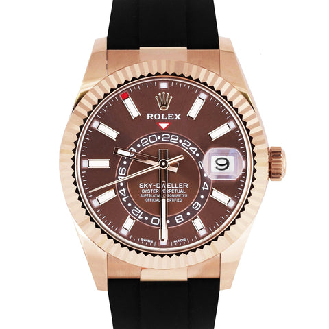 2021 Rolex Sky-Dweller 18K Rose Gold Chocolate Oysterflex 326235 42mm Watch B+P