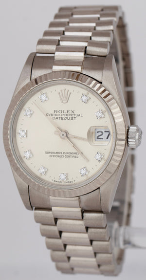 Ladies Rolex DateJust Midsize President 31mm Silver Diamond 18K White Gold 68279