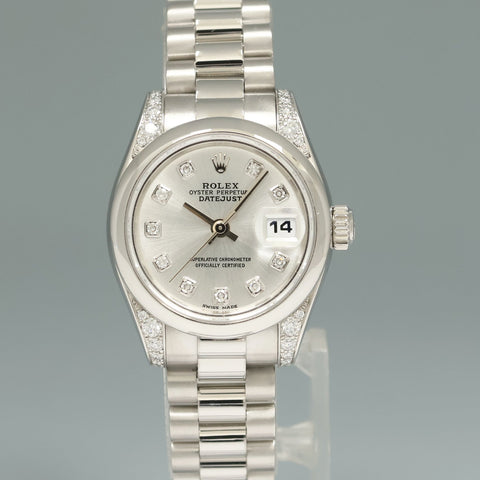 MINT Ladies Rolex DateJust 26 Platinum Diamond Lugs and Dial 179296 Watch Box